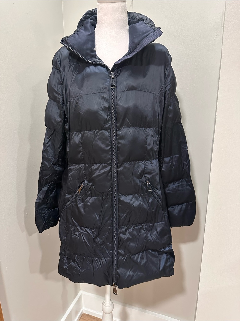 Massimo Dutti Dark Navy Quilted Mid-Length Puffer Coat with Hood